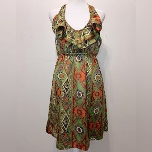 Judith March Size Large Silky Floral Geometric Pattern Halter Tie Backless Dress